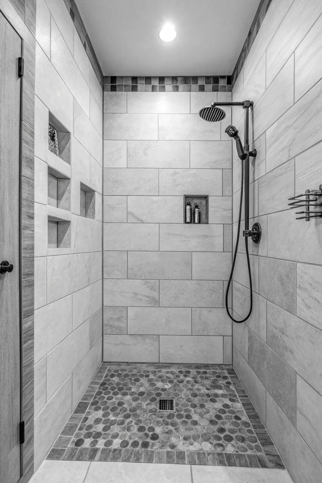 Monochrome tiles lend a minimalist and sophisticated touch to showers.