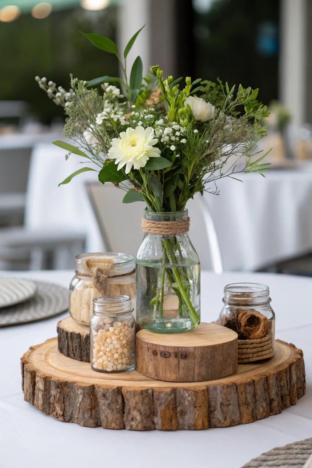 Eco-friendly centerpieces highlight sustainable design.