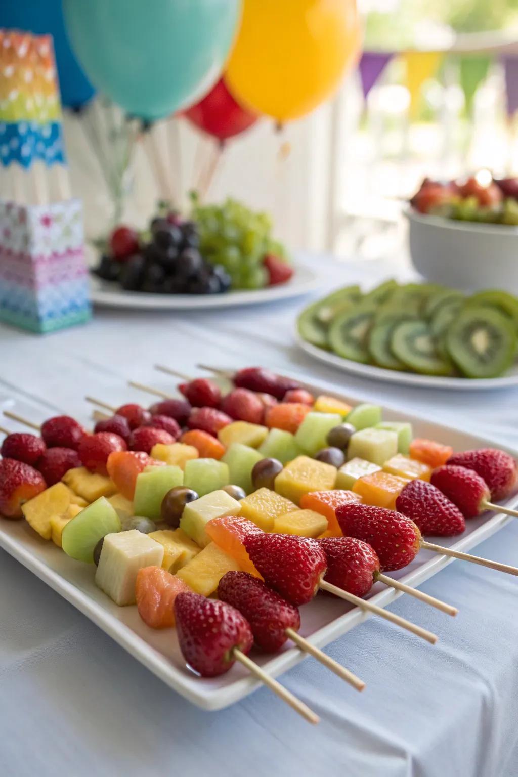 Fruit skewers offer a wholesome and vibrant snack option for your party guests.