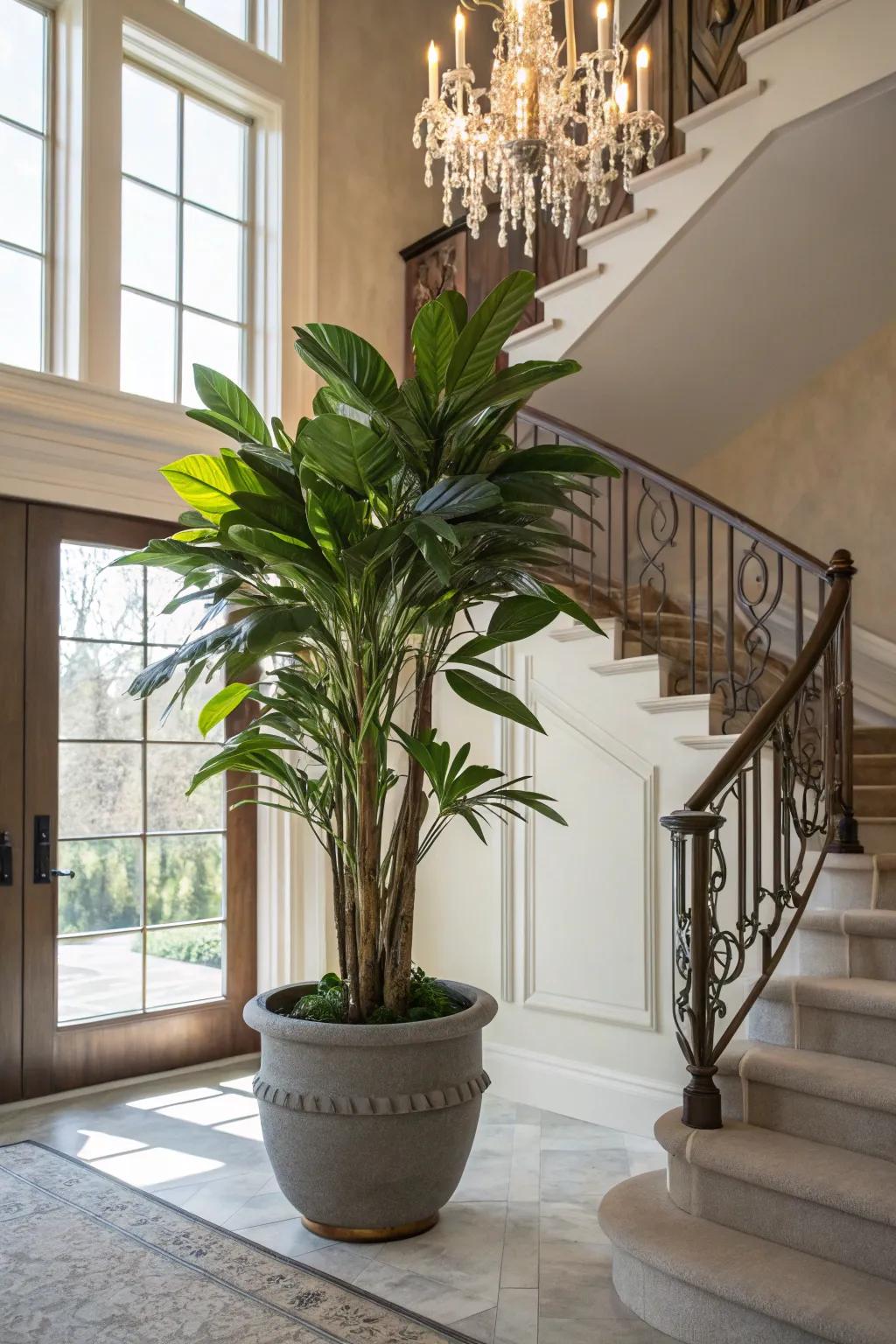Showcase botanicals add vitality and a touch of nature to the foyer.