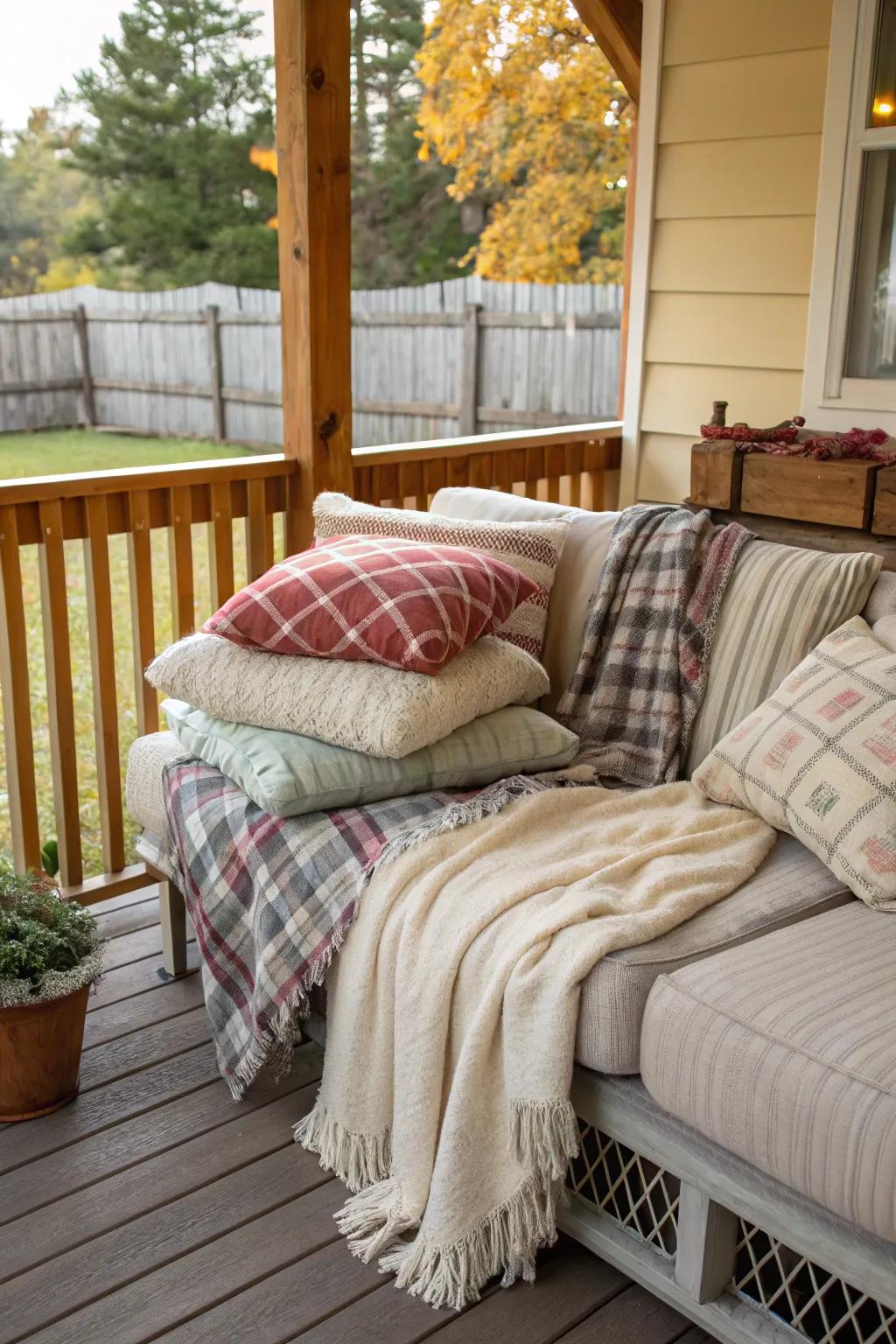 Woven materials injecting warmth and textural diversity into the porch seating arrangement.