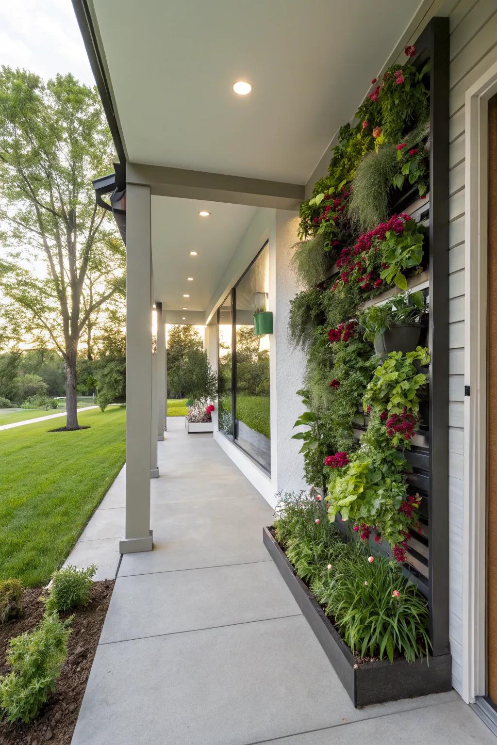 Vertical gardens introduce lush greenery to a contemporary porch.