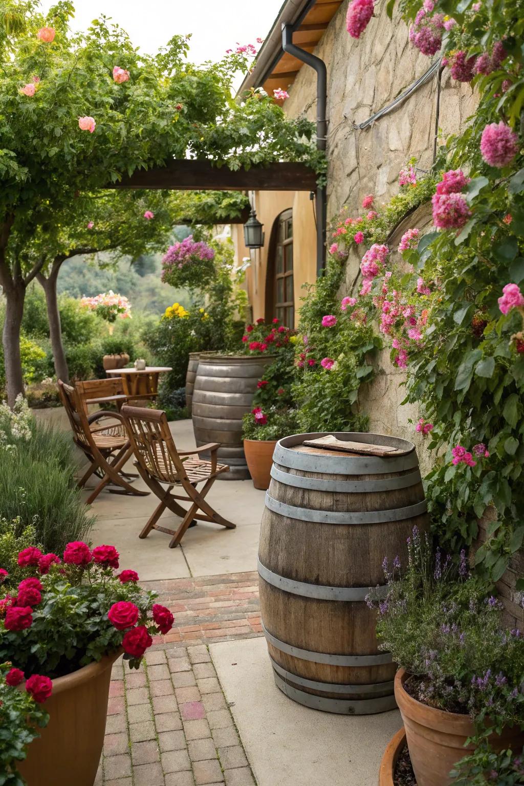 Grape barrels enhance outdoor water efforts through rustic charm.