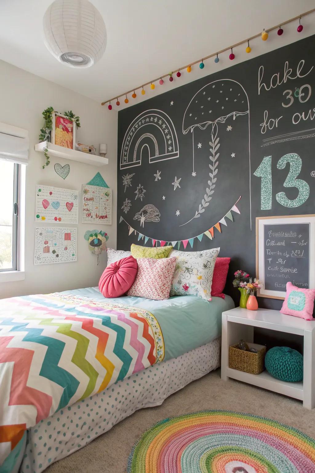 An interactive chalkboard wall encourages creativity and fun.