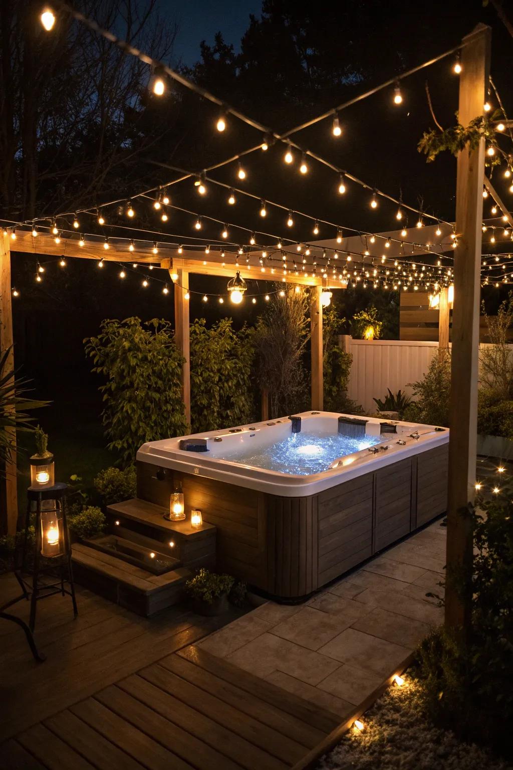 Subtle lighting creates a magical nighttime retreat.
