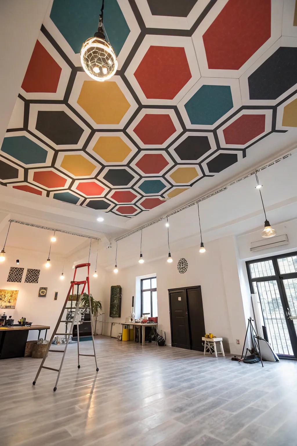 Angular designs insert a dramatic flourish to this workspace ceiling.