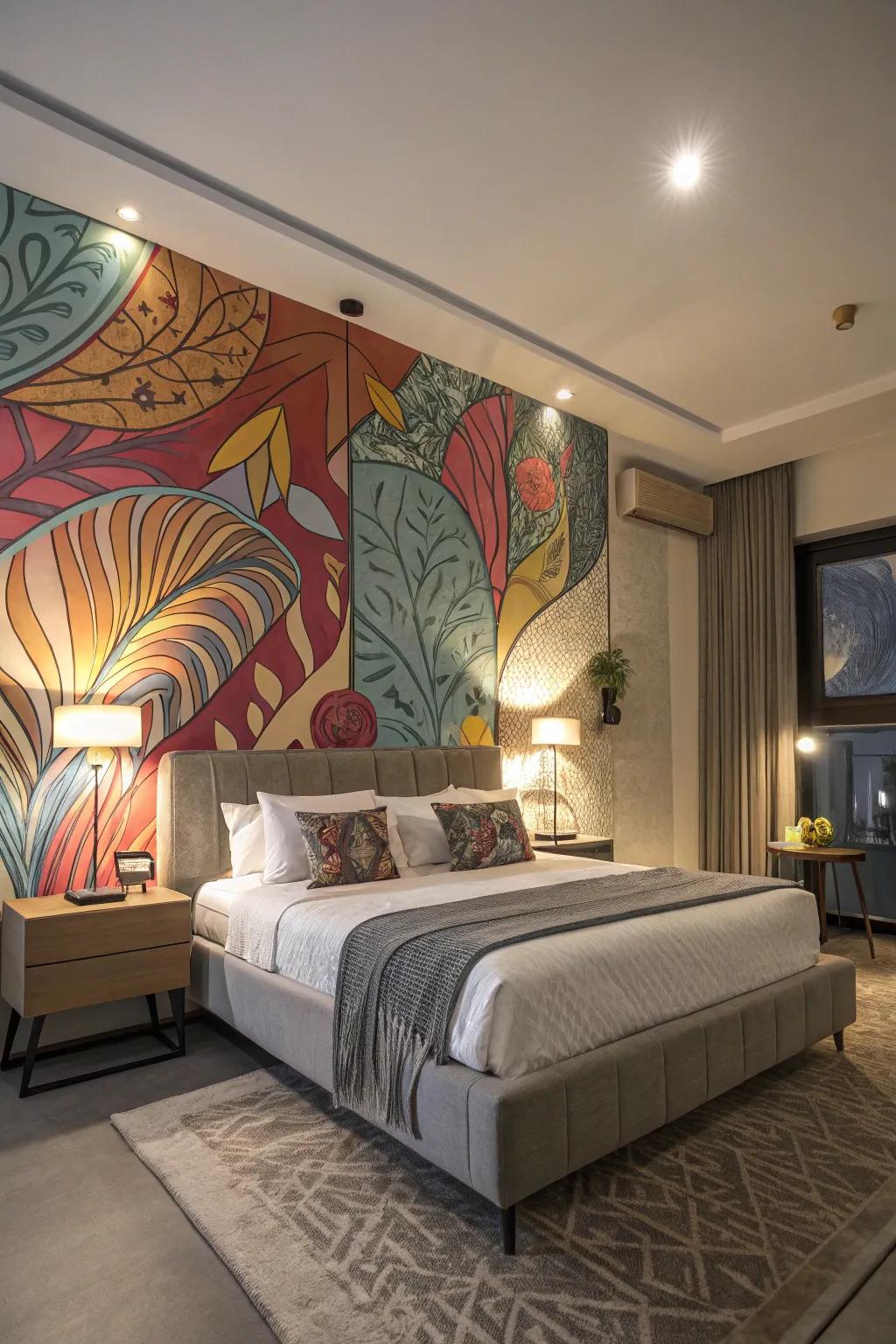An abstract design on the feature wall introduces a distinctive artistic touch to the bedroom.