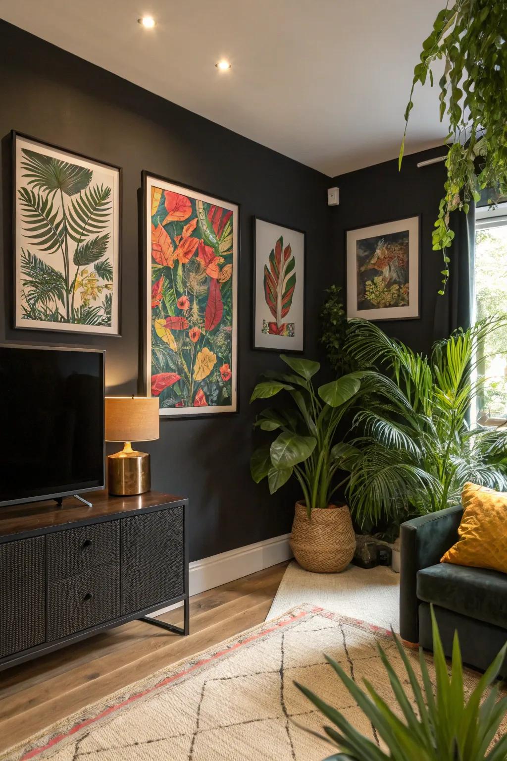 A bold family room with a striking ebony feature wall.