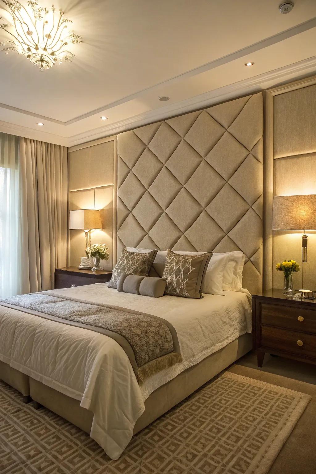 A master suite displaying textile-covered panels.