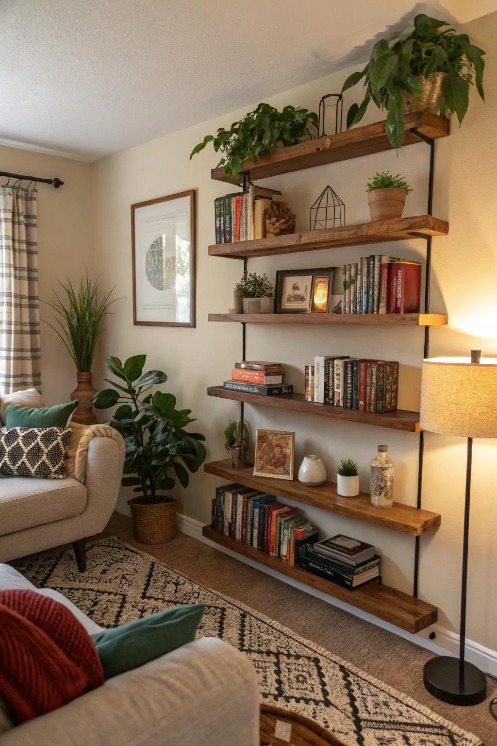 A living space featuring stylish hidden shelves.