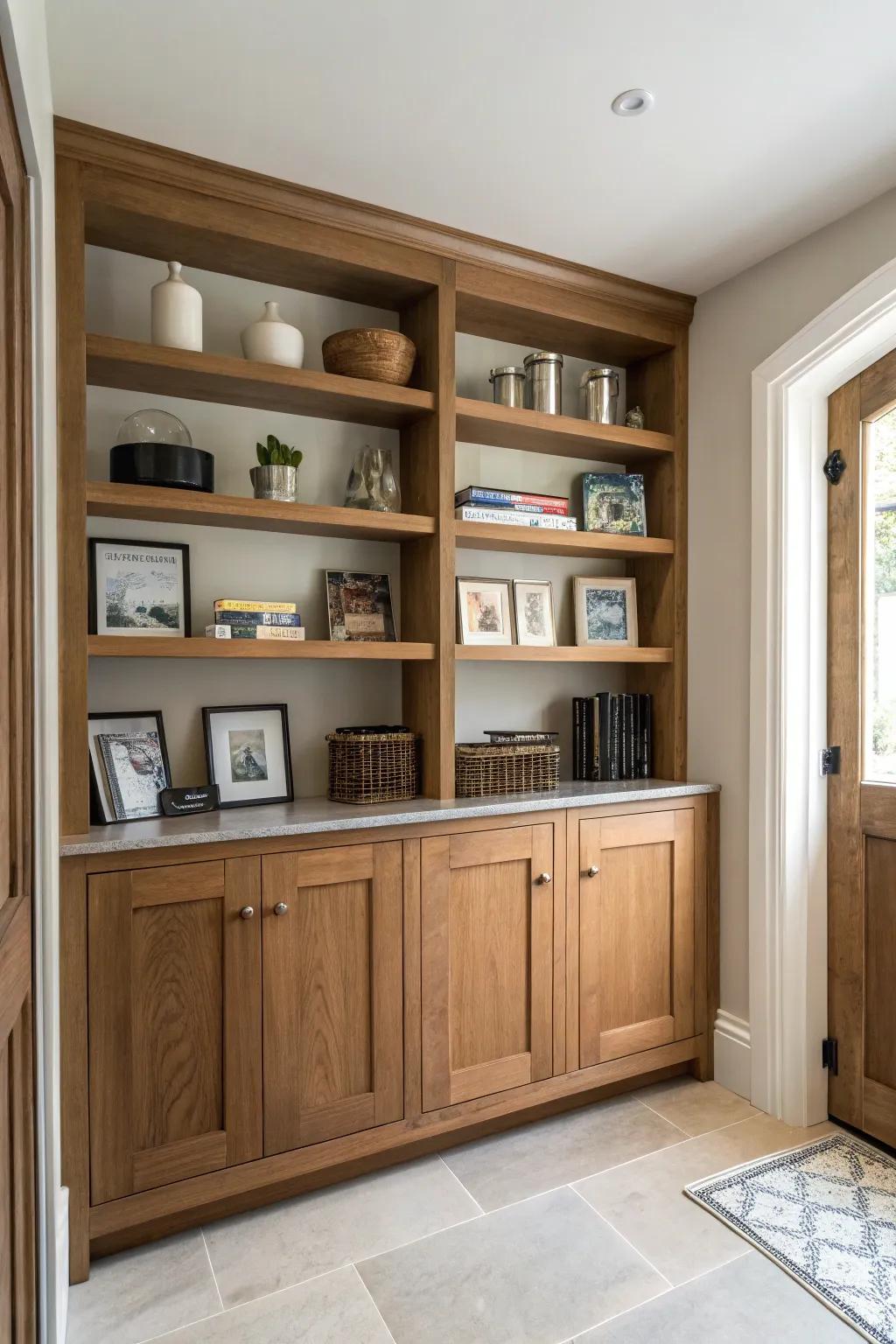 Balance display and storage by integrating open and enclosed shelving.