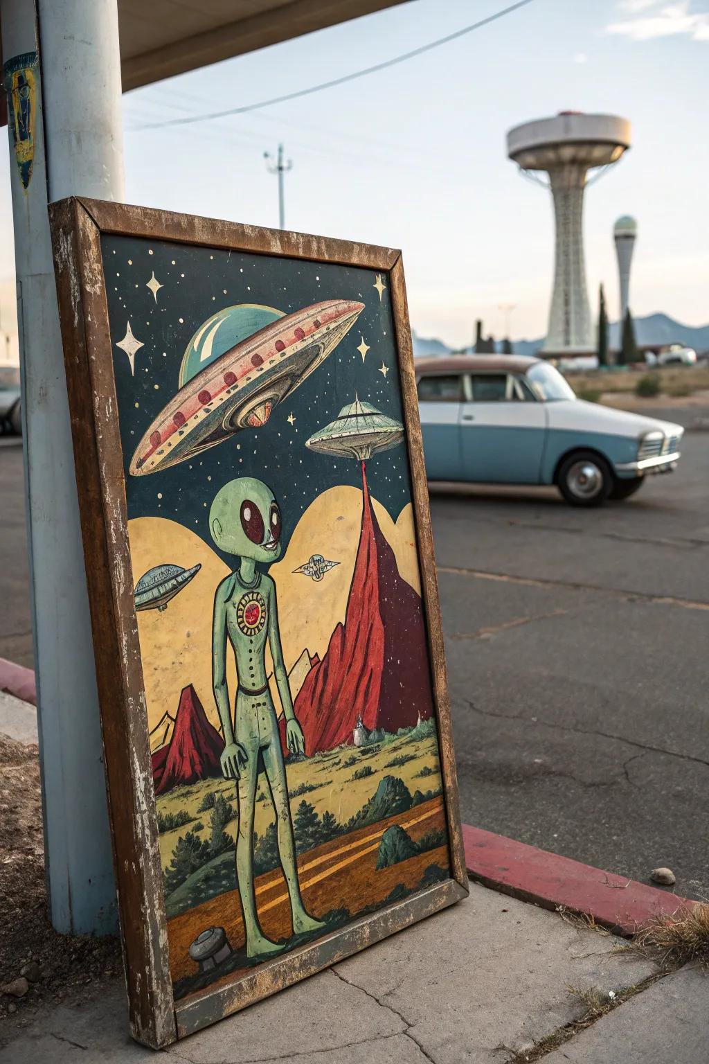 Retro cosmic art that nostalgically revisits traditional sci-fi themes.