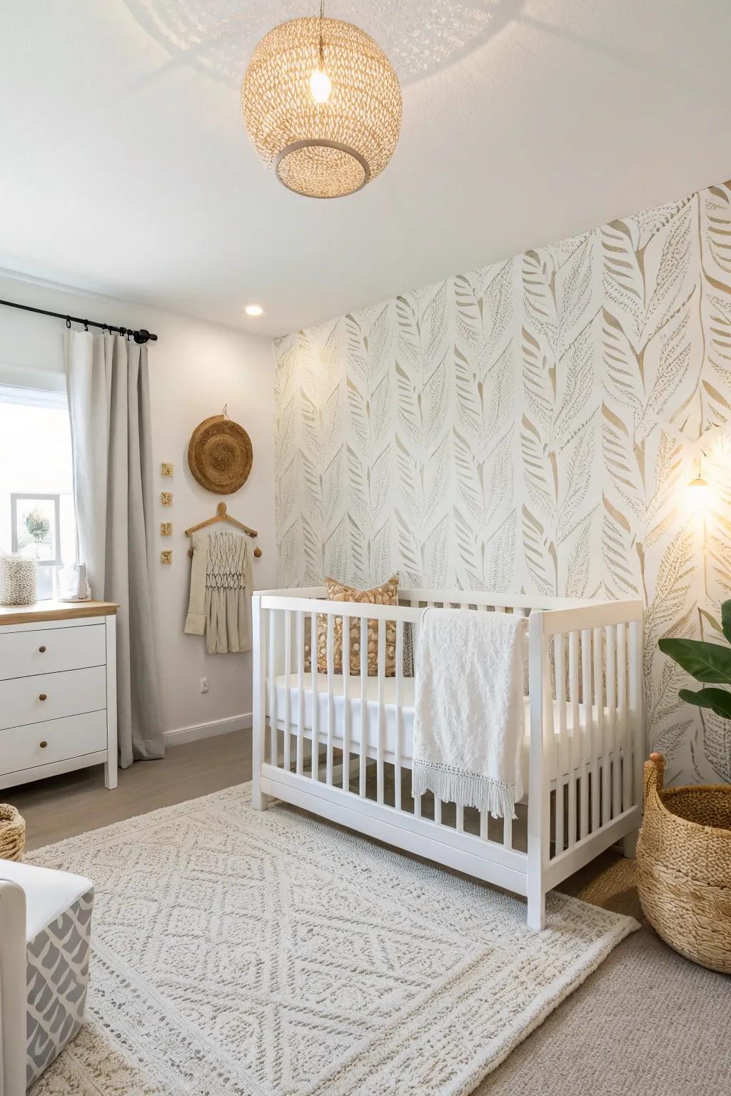 A feature wall adds depth to a white nursery.