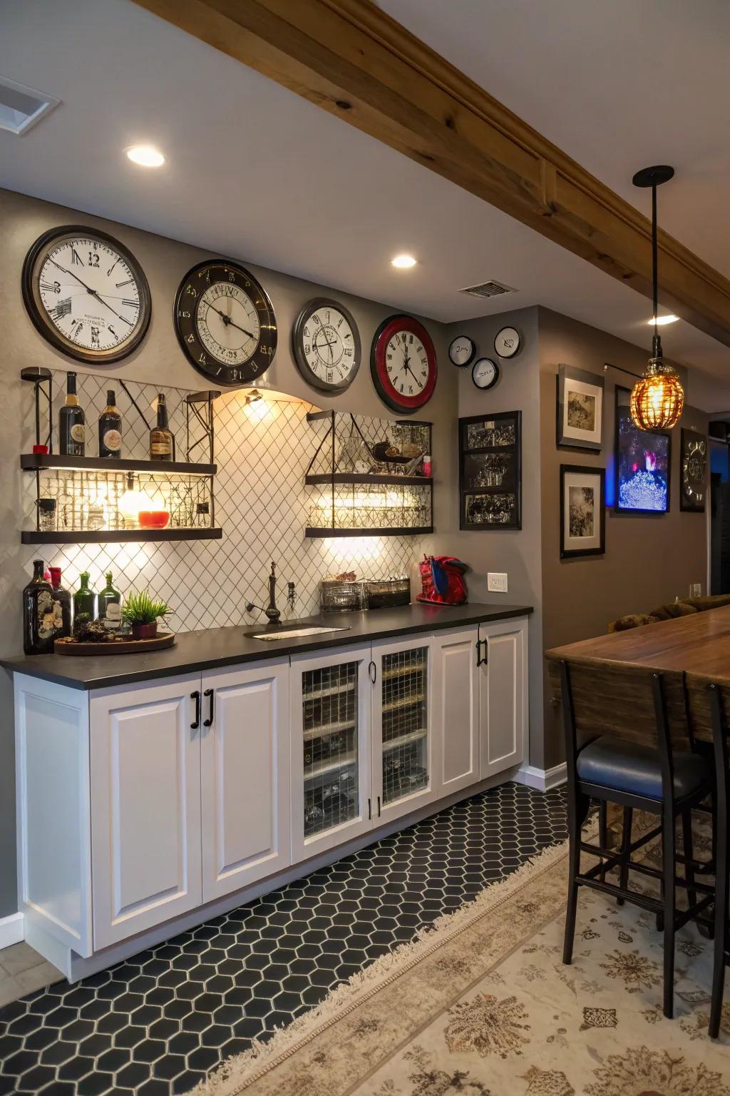 With its timepieces, this bar's statement wall has a whimsical feel.
