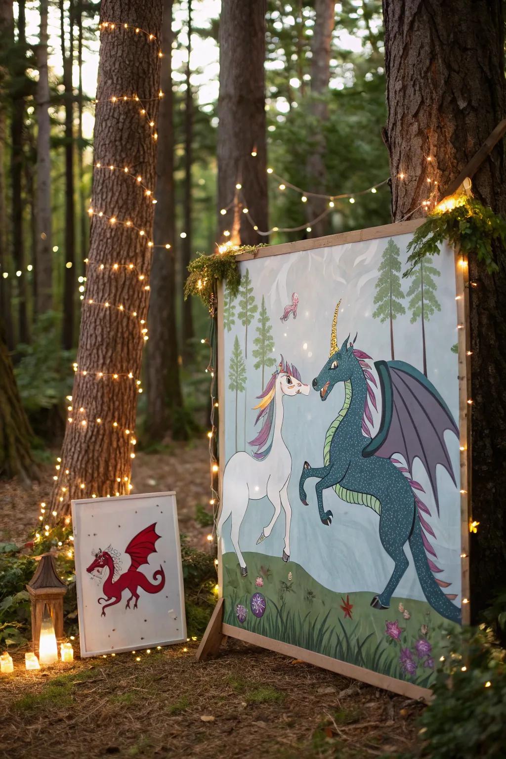 An enchanting fantasy forest teeming with magical creatures.