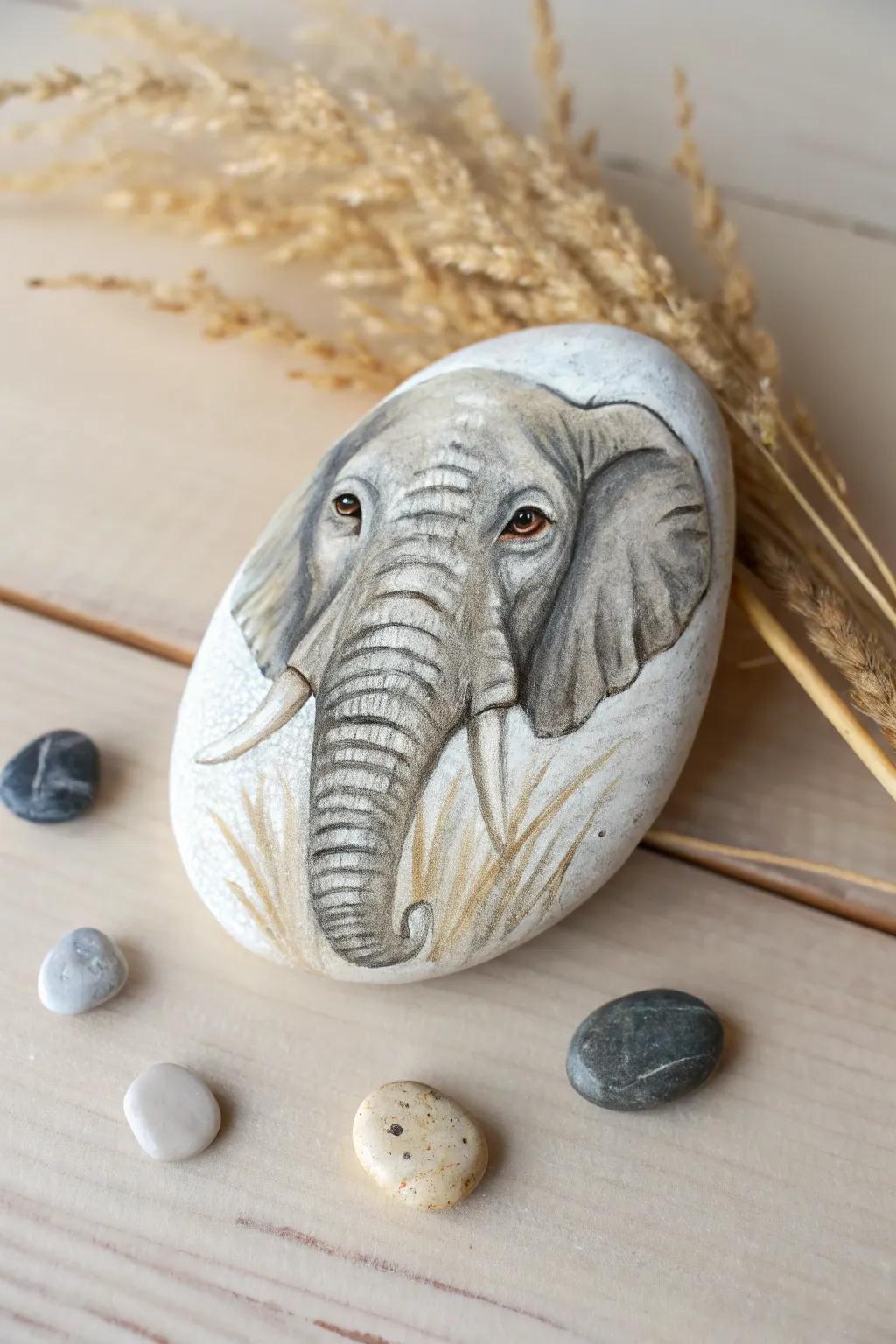 Encapsulating the Spirit of Elephants: A Minimalist Stone Painting Masterpiece.