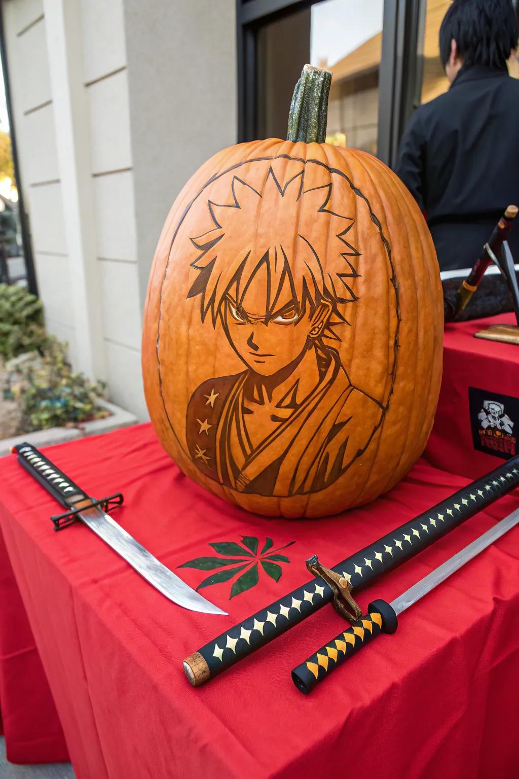 Honor your cherished anime champion with a sculpted pumpkin homage.
