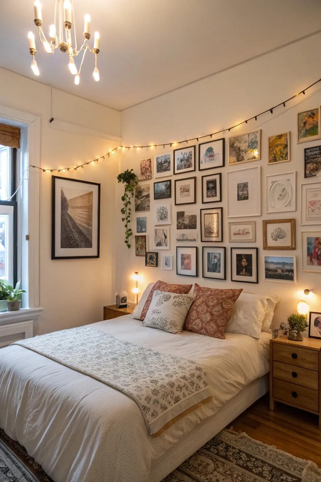 An apartment bedroom featuring a personalized gallery wall filled with artwork and photos.