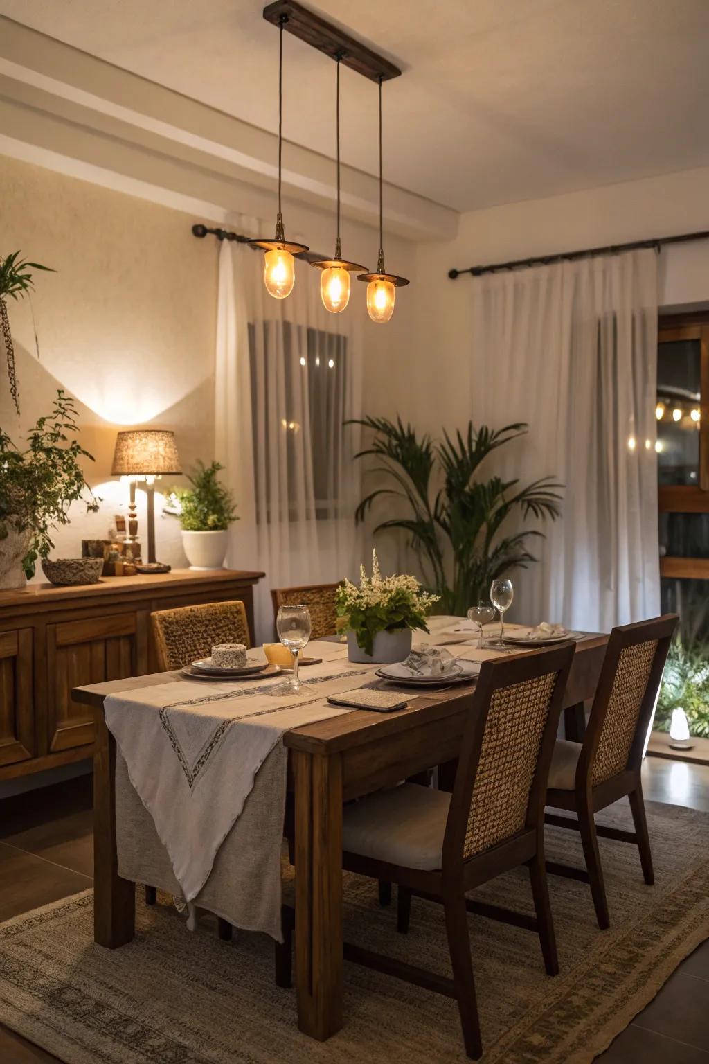 A dining room featuring dimmer-controlled lighting for intimate settings.
