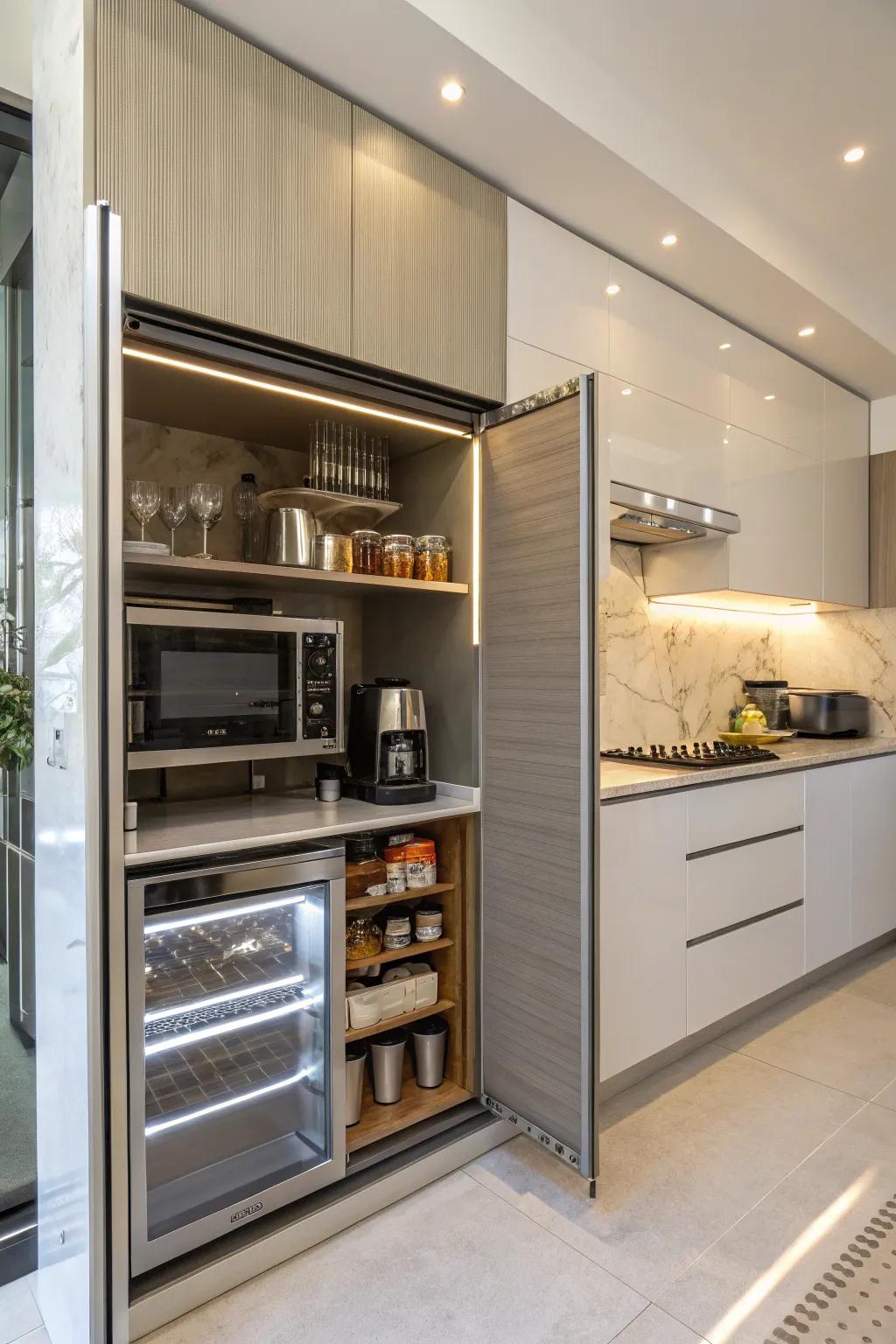 Tambour doors offer style and function, smoothly revealing hidden appliances.