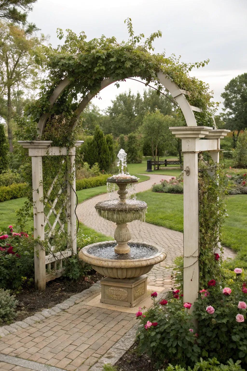 A water feature integrated with a pergola fashions a serene garden atmosphere.