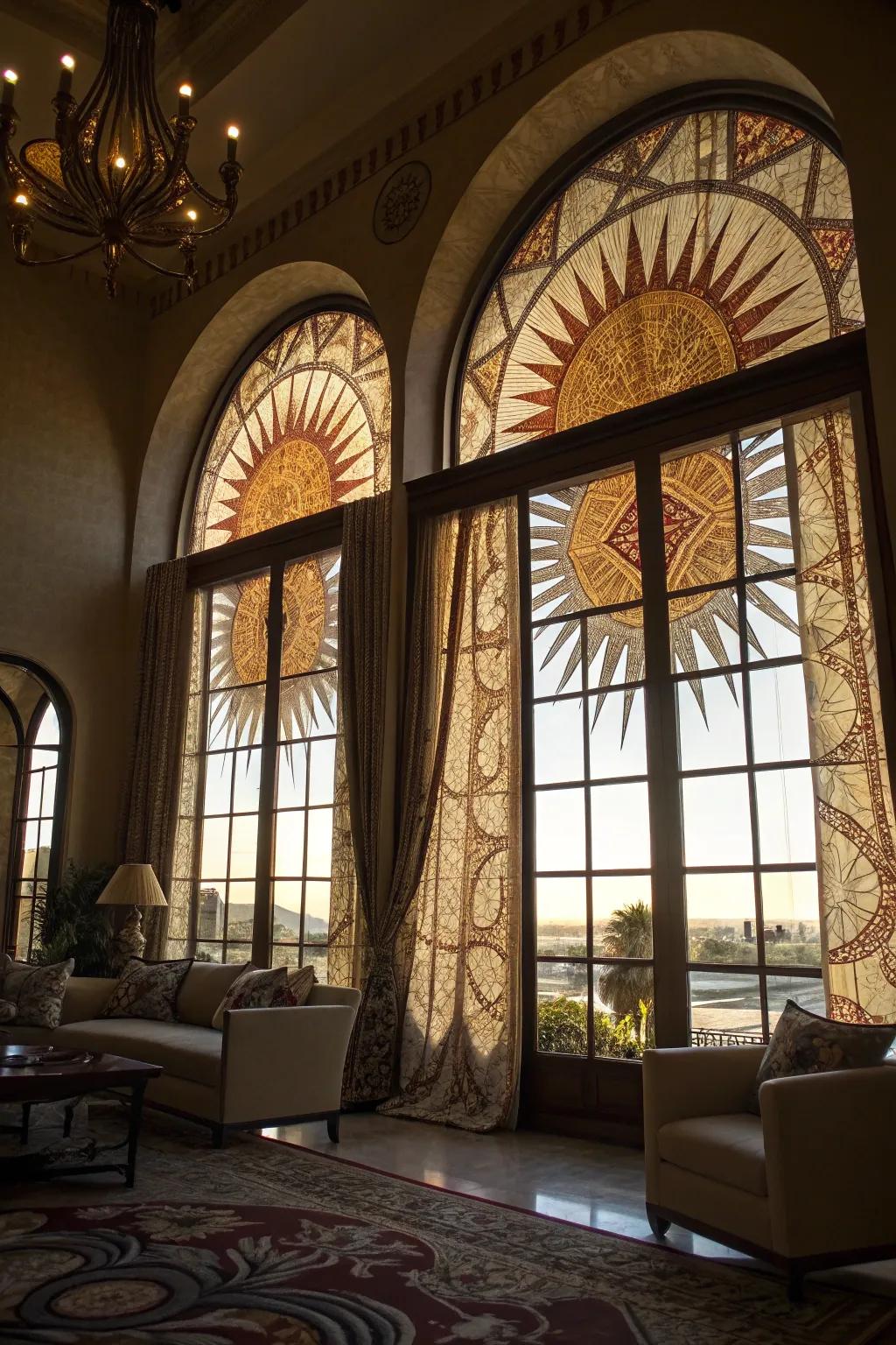 Dramatic living area featuring a starburst embellishment on arched windows.