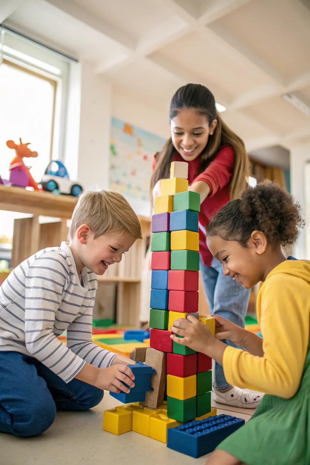 Teamwork in action through collaborative block play.