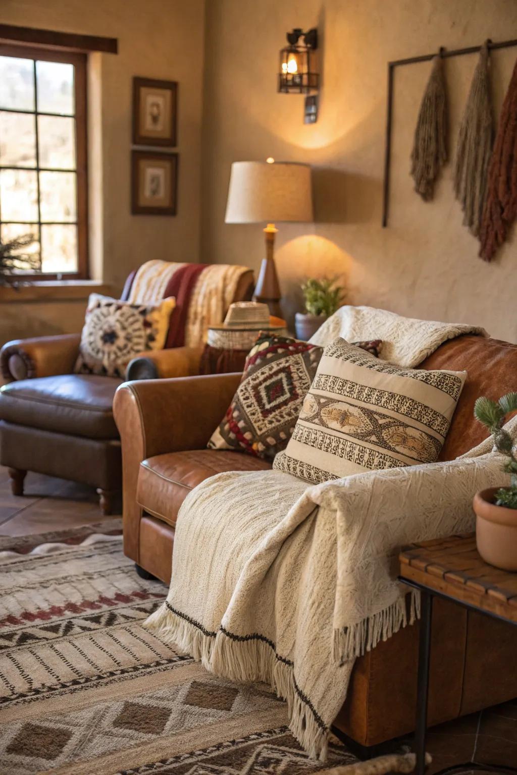 Textured fabrics and pillows add comfort and style to an Arizona room.