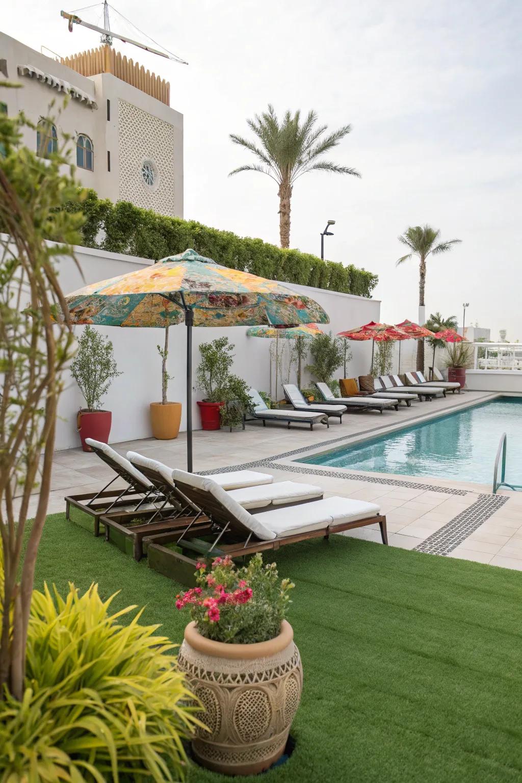 A lush poolside haven with synthetic grass.