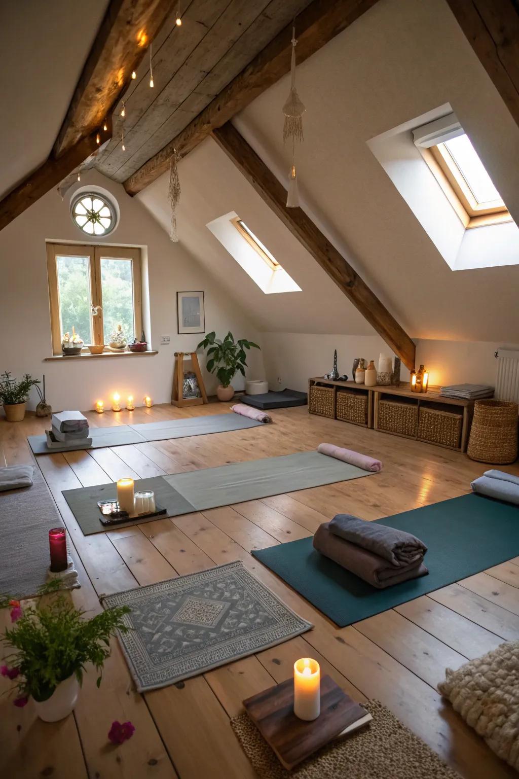 Find tranquility in an attic yoga setting.