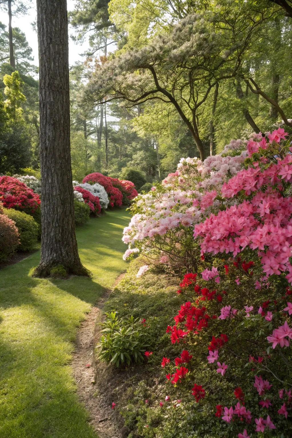 Azaleas transforming a shady corner into a garden highlight.