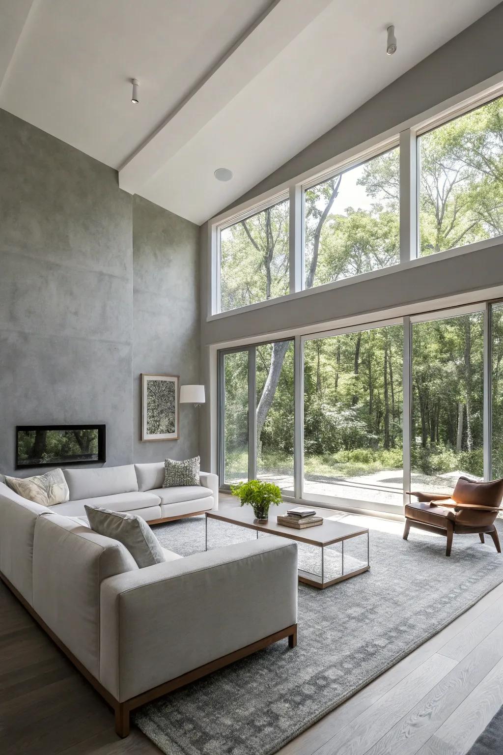 A living space with a minimalist gray wall to create a light and open ambiance.