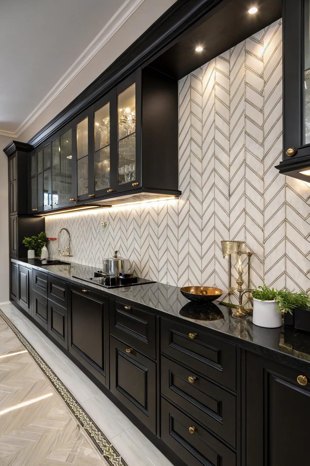 Herringbone patterns add chic sophistication to kitchen designs.