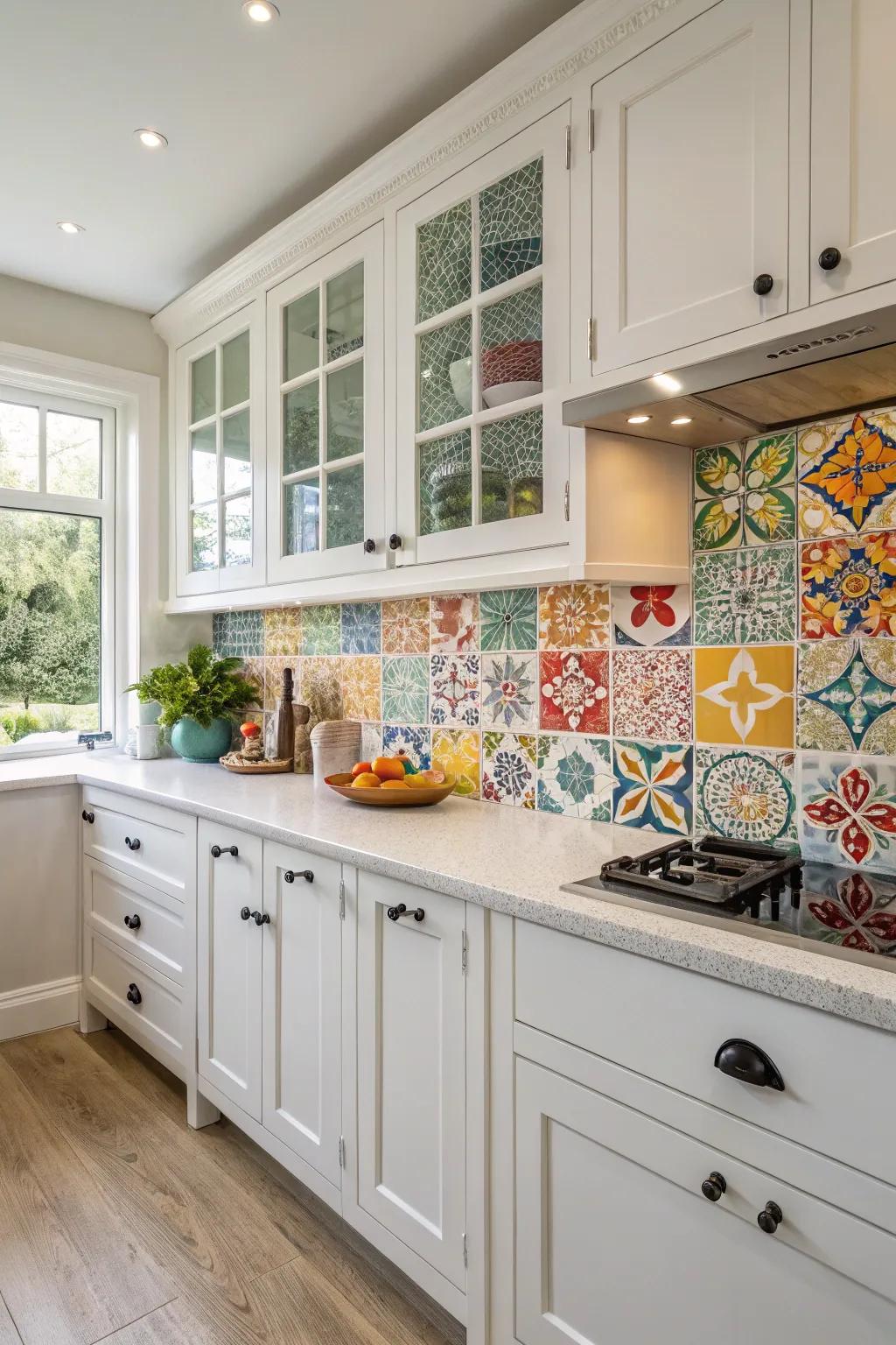 Colorful porcelain tiles add vibrancy to this white kitchen.