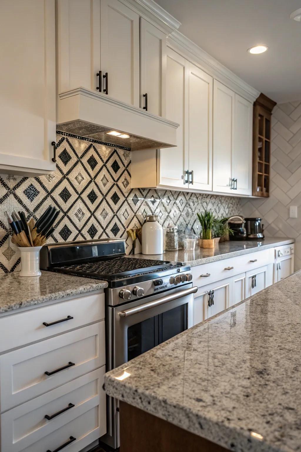 Monochrome tiles create a dramatic contrast with fantasy brown granite.