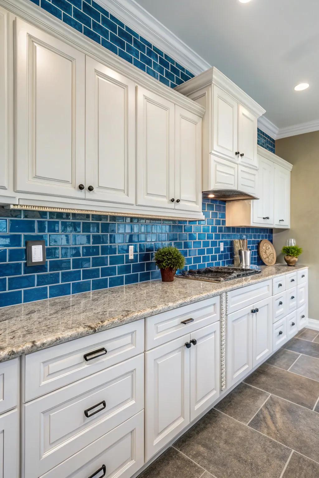A bold blue backsplash adds a vibrant touch to the kitchen decor.
