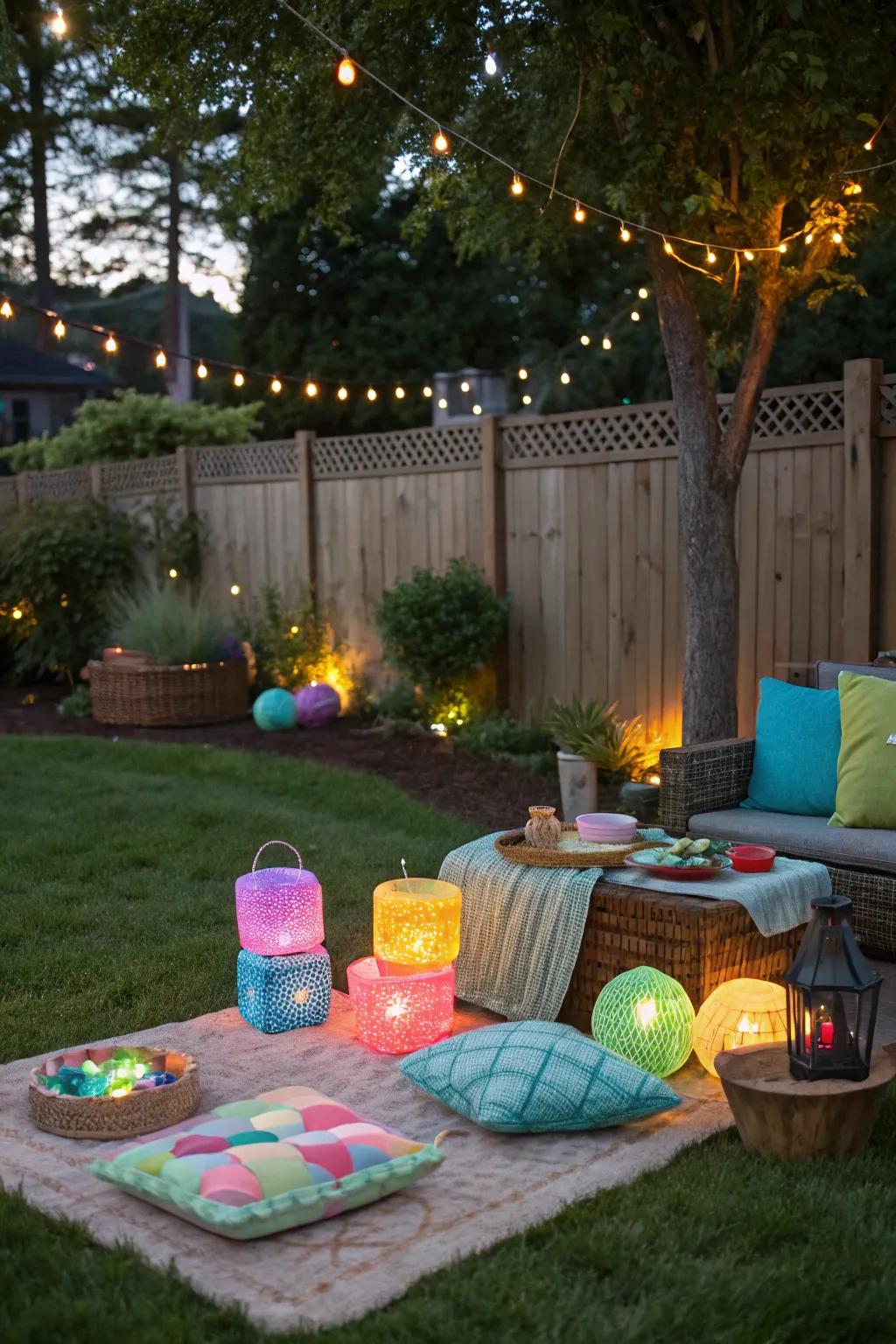 Glow-in-the-dark crafts add a magical touch to the campsite.