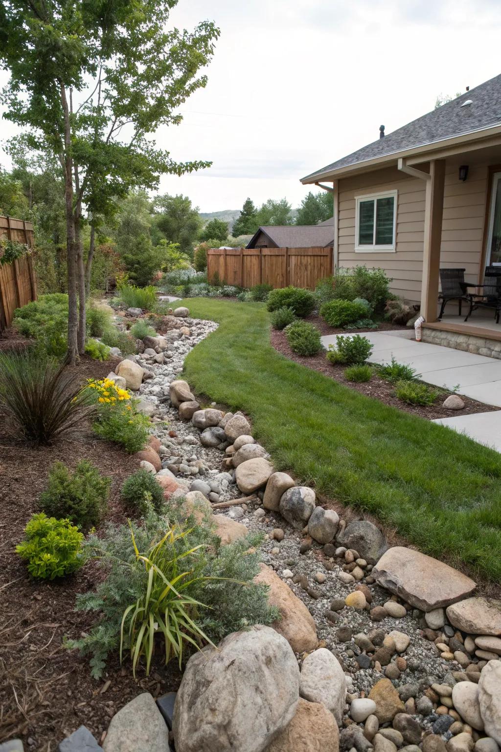 A stream feature adding charm and functionality to a backyard.