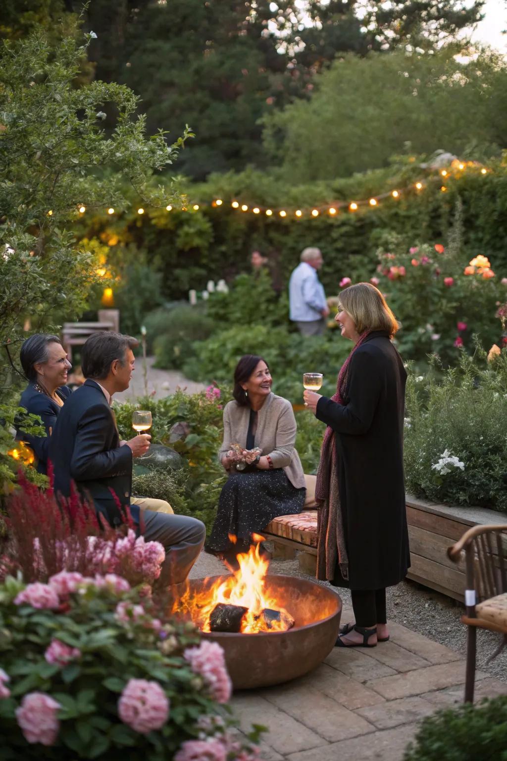 A bonfire becomes a cozy gathering point on cooler nights.