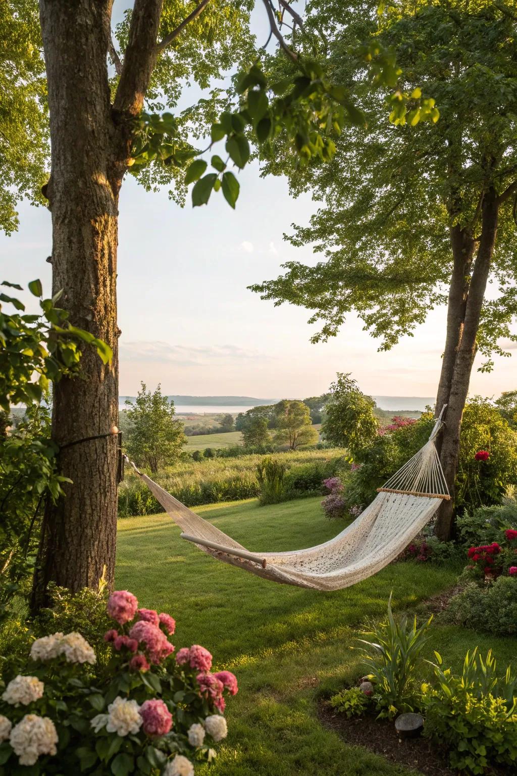 A hammock strung between trees creates an ideal relaxation spot.