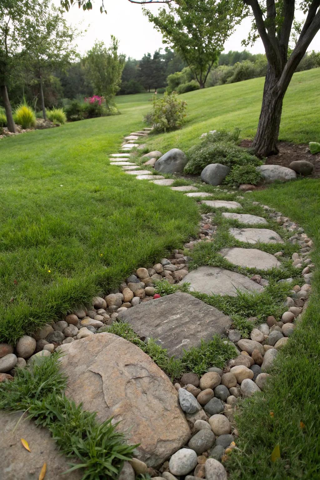Walkway pavers and stream stones fashion an inviting path.