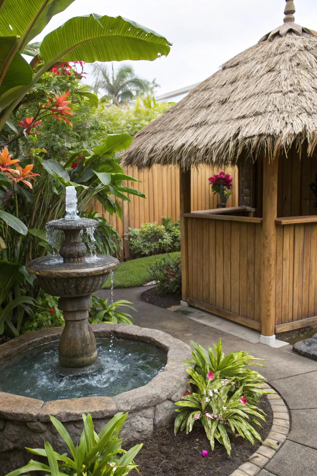 A water feature brings tranquility and a focal point to your tiki area.