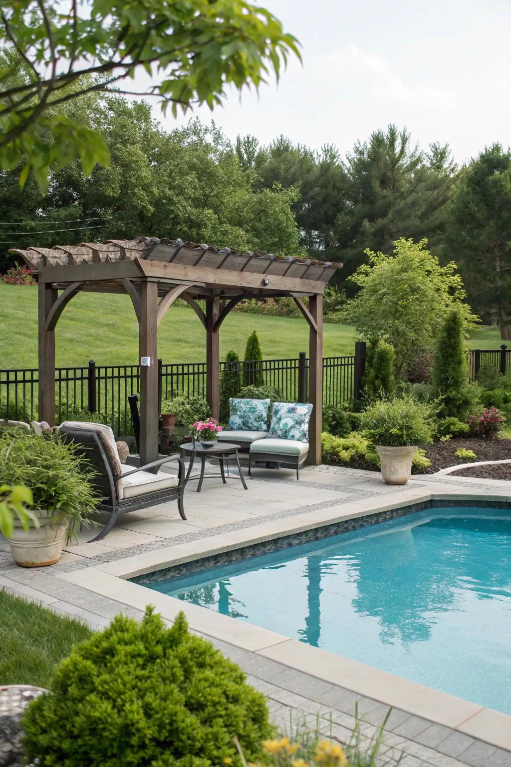An arbor delivers a shaded getaway near the pool.