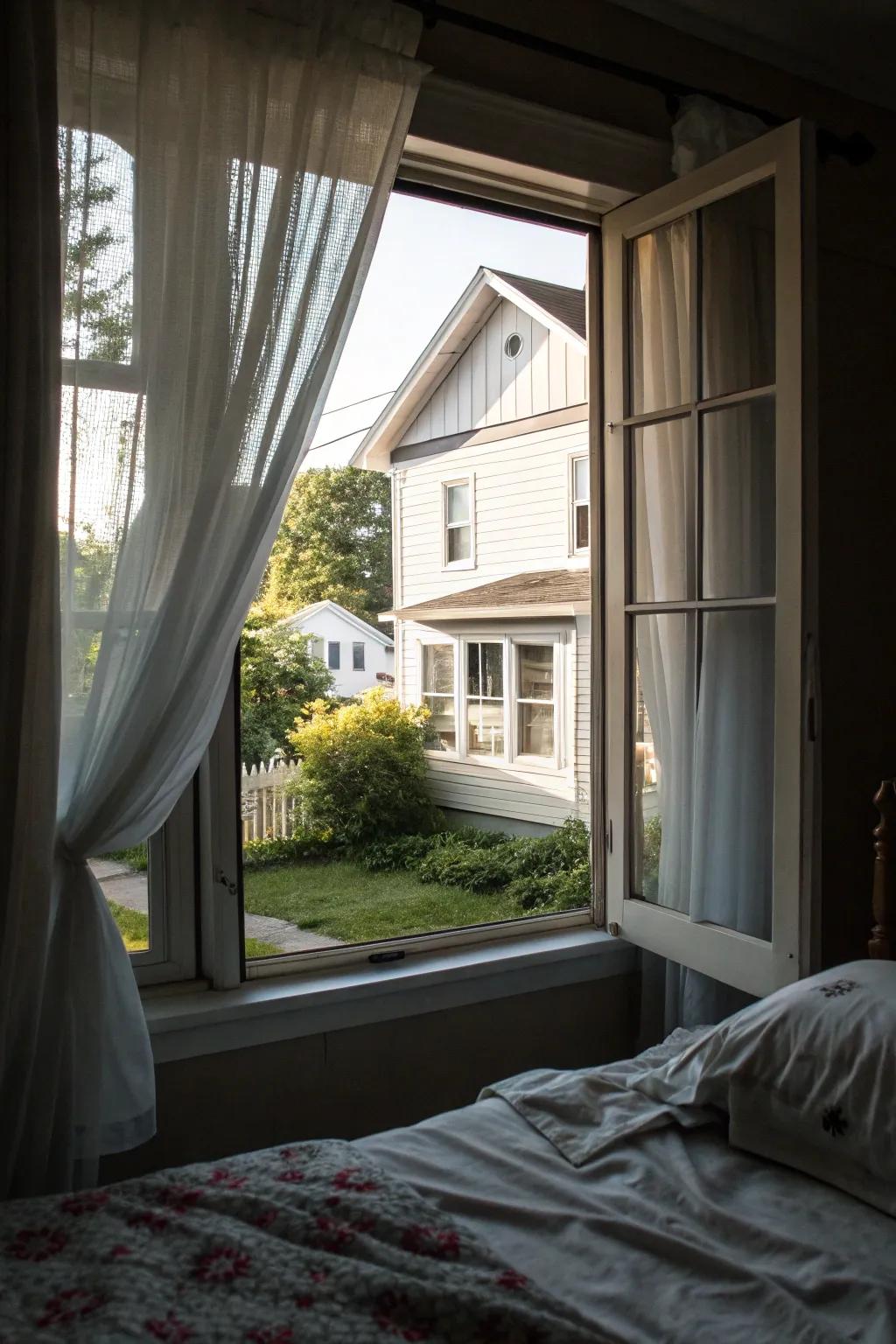 A bedroom window oddly positioned, facing directly into a neighbor’s home.