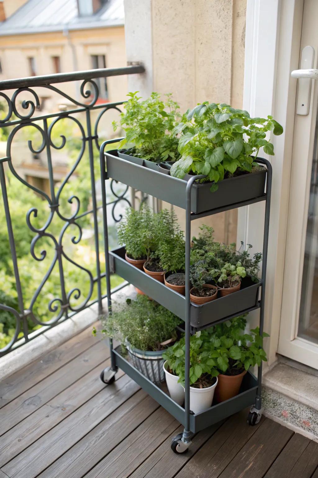 A mobile herb cart is both useful and stylish for small areas.