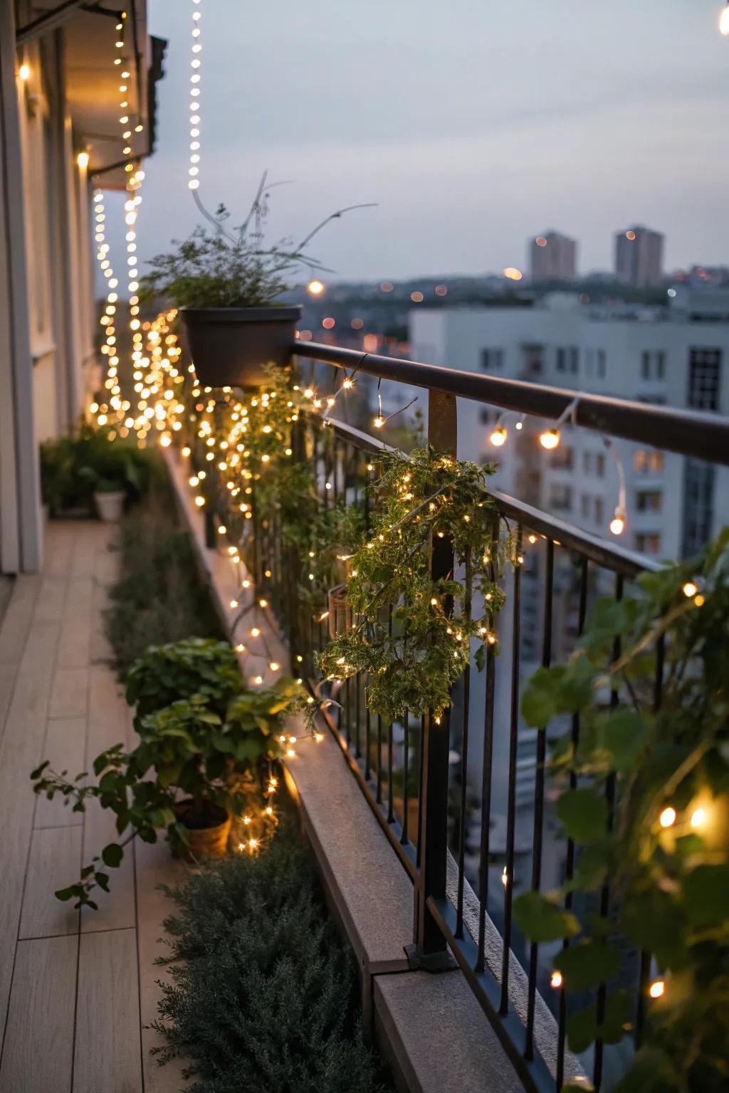 Solar pixie lights are an eco-friendly and whimsical choice for balconies.