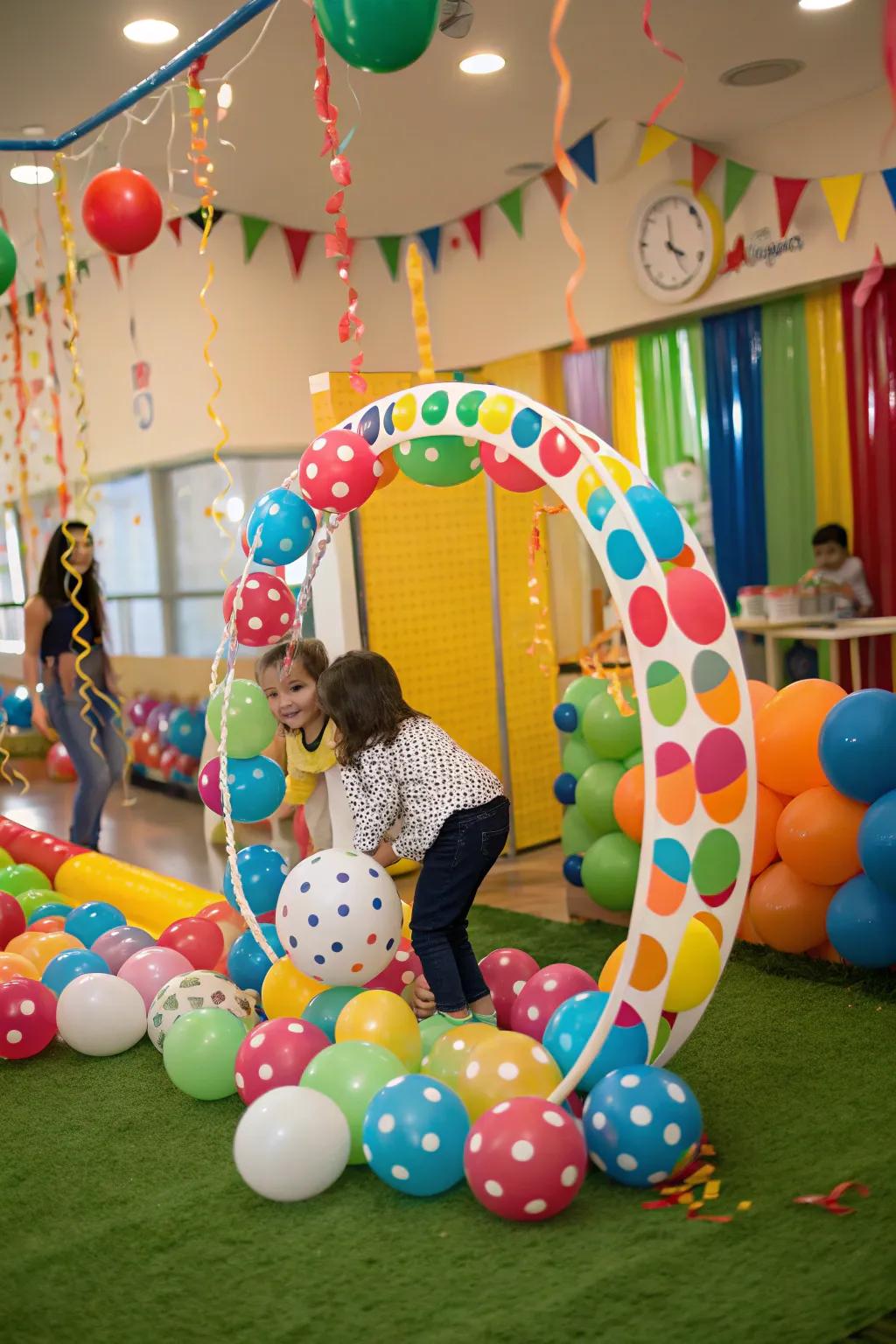 Spotted designs contribute a fun and lively part to balloon hoops.