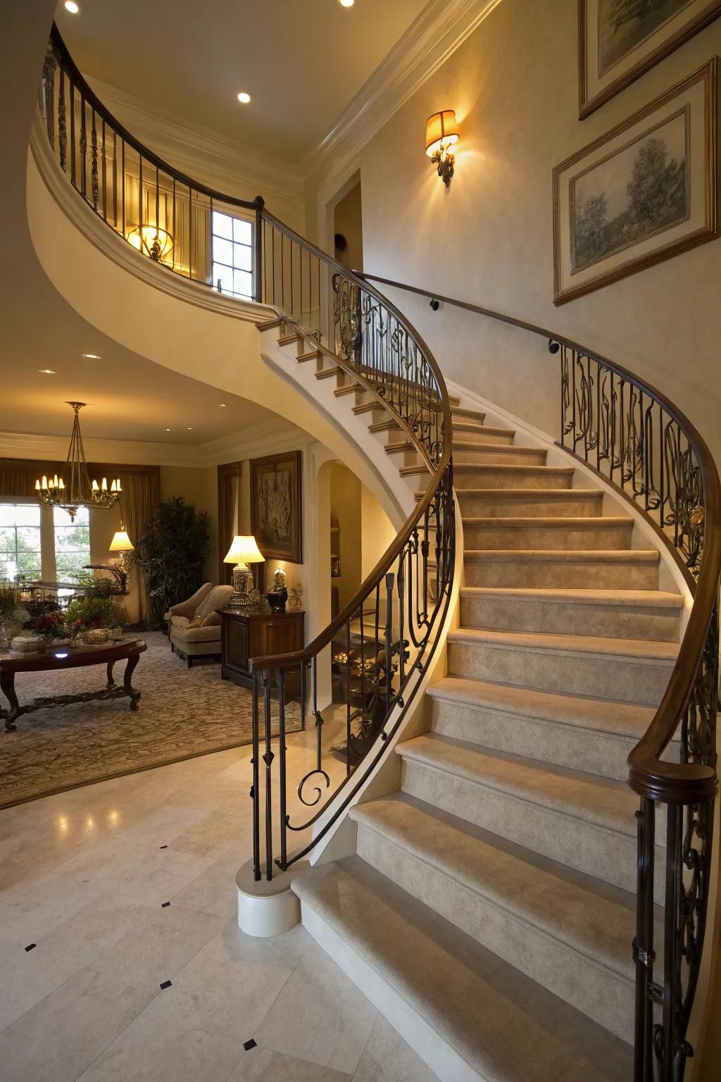 A curved banister exudes dynamic beauty.