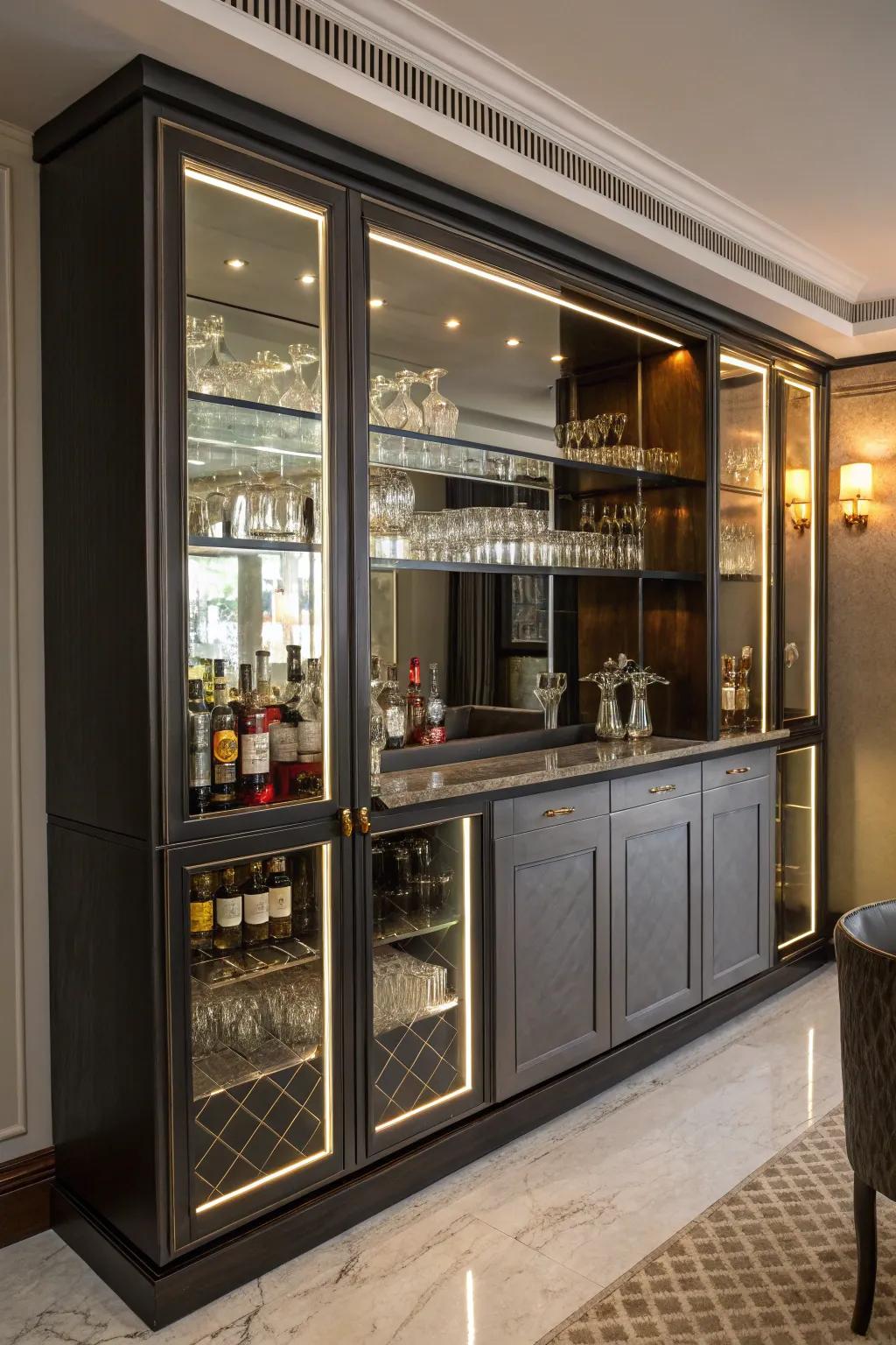 Depth and sophistication enhanced by a mirrored backsplash.