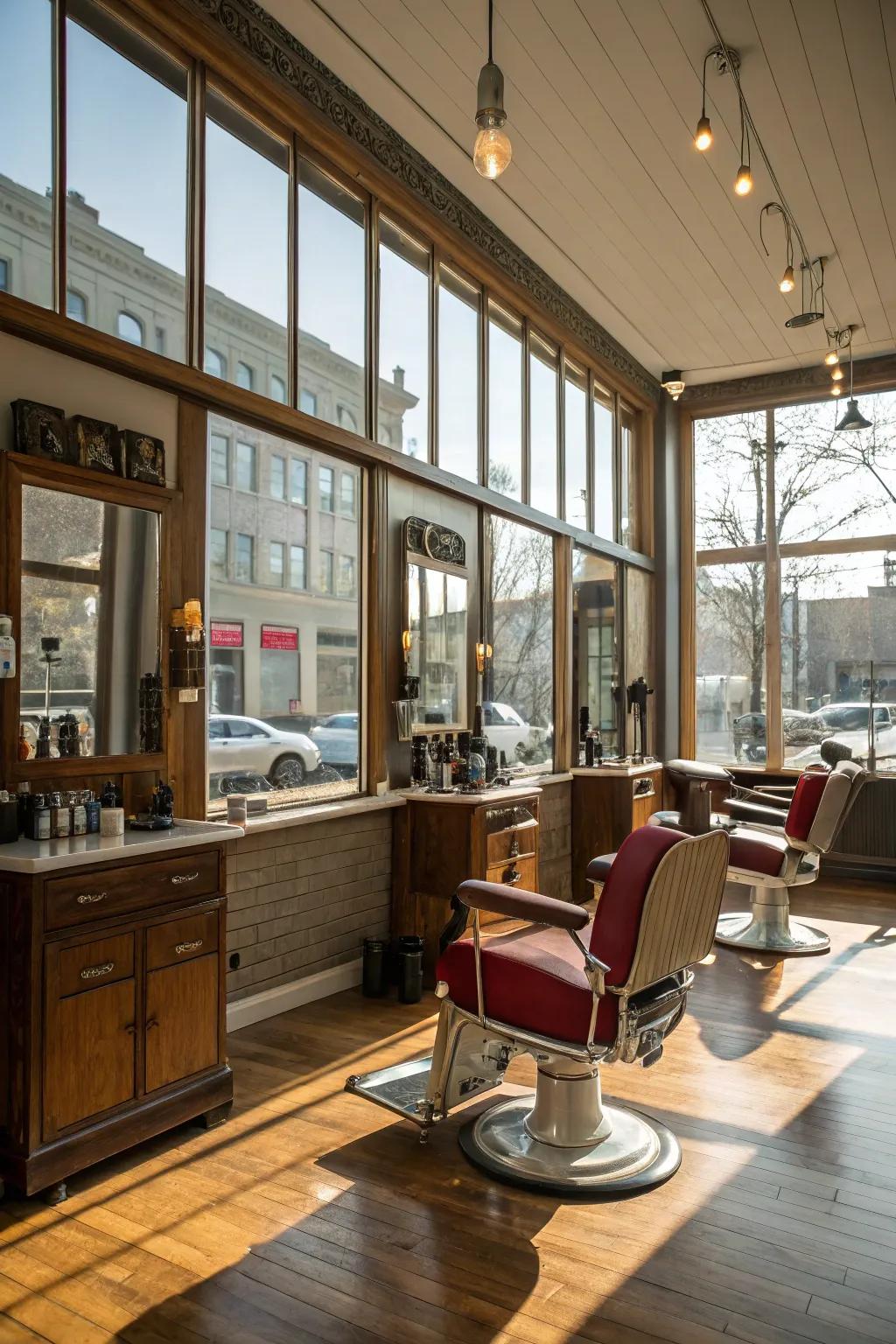 Natural light floods a barbershop, creating an open and airy environment.